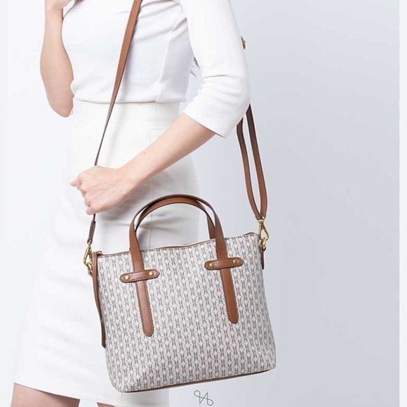 Fossil Felicity Signature Crossbody Satchel Purse Bag Logo Taupe Vegan Leather - Picture 2 of 10